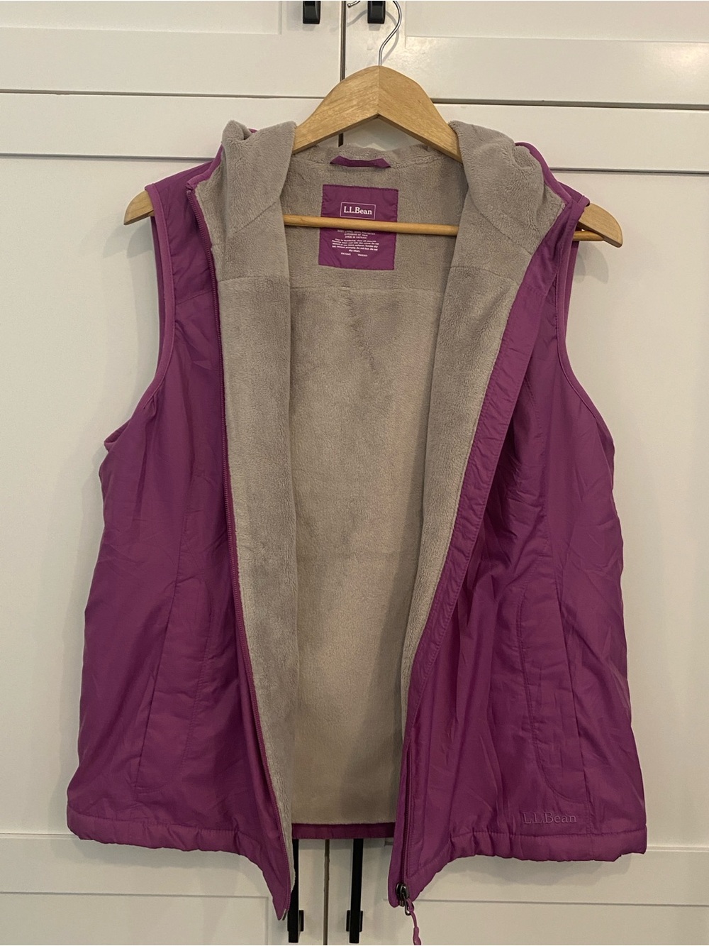 LL Bean Nylon Purple Hooded Windbreaker Fleece Lined Gilet Jacket Vest Large